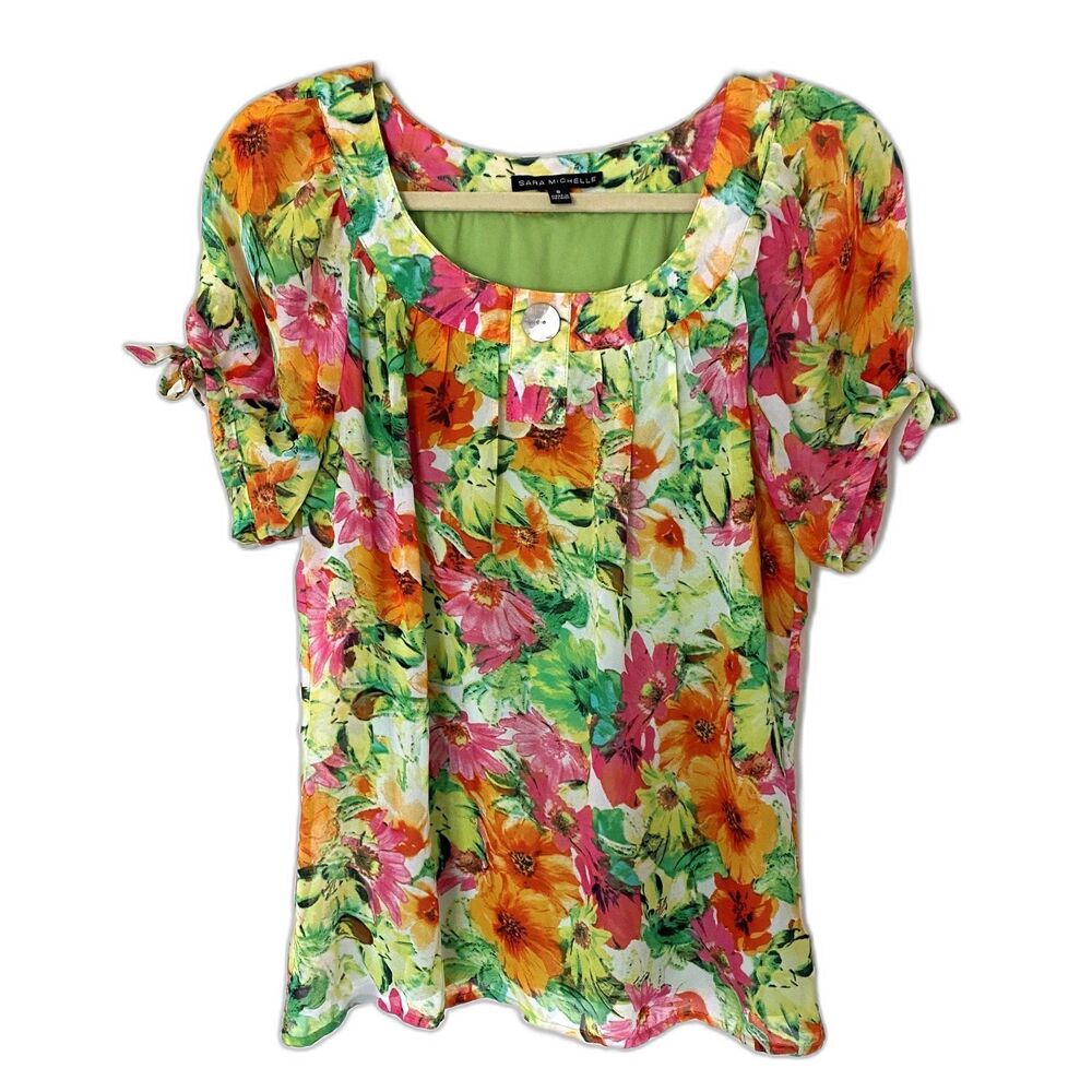 Sara Michelle Floral Green Floral Blouse Lined Scoop Neck Lined Multicolor Top S - Picture 2 of 7